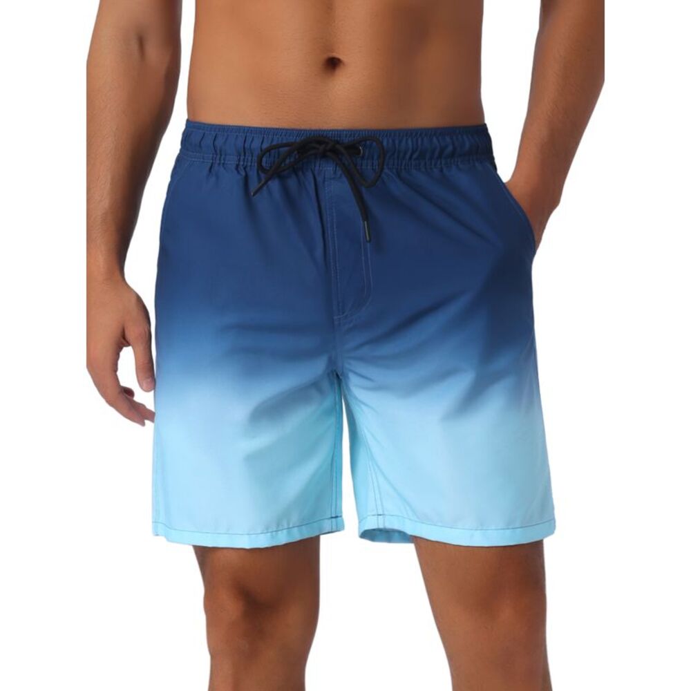 Gradient Color Drawstring Elastic Waist Summer Swimming Trunks Dark Blue